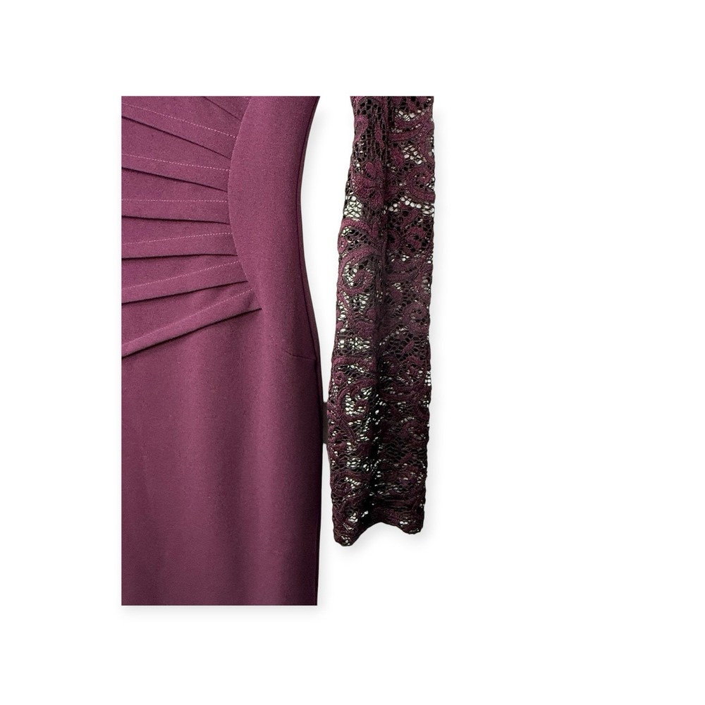Deep Plum Sunburst Ruched Bodycon Dress Dark Vampy Romance Lace Sleeves Sz 2 - Picture 7 of 15